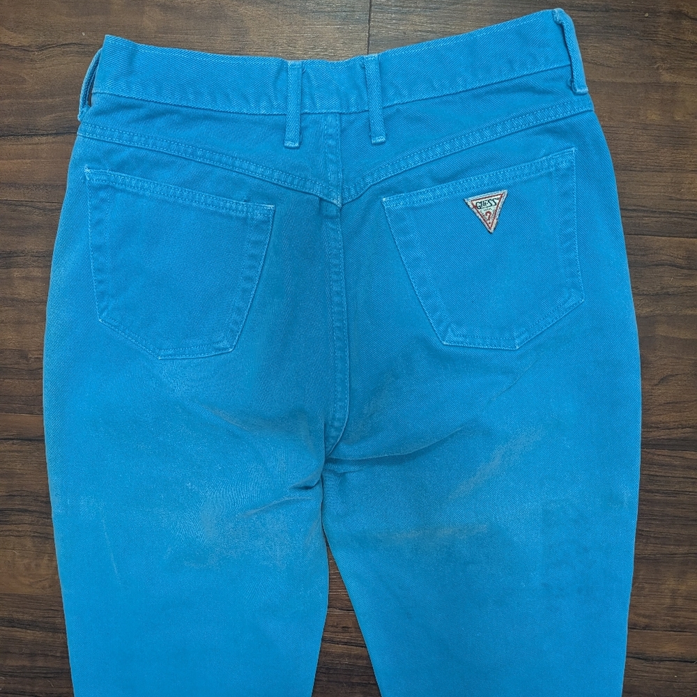 Vtg 80s Guess by Marciano USA ankle zip high-waisted aqua blue crop Mom Jeans - Picture 10 of 15